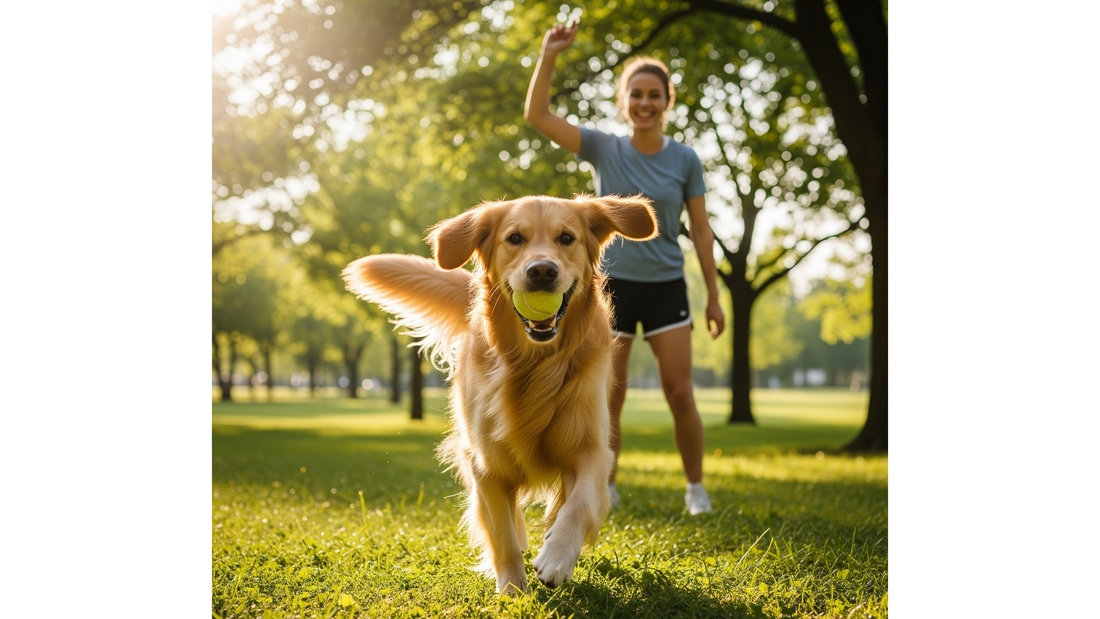 Heureux Golden Retriever jouant à la balle avec son maître dans un parc ensoleillé.