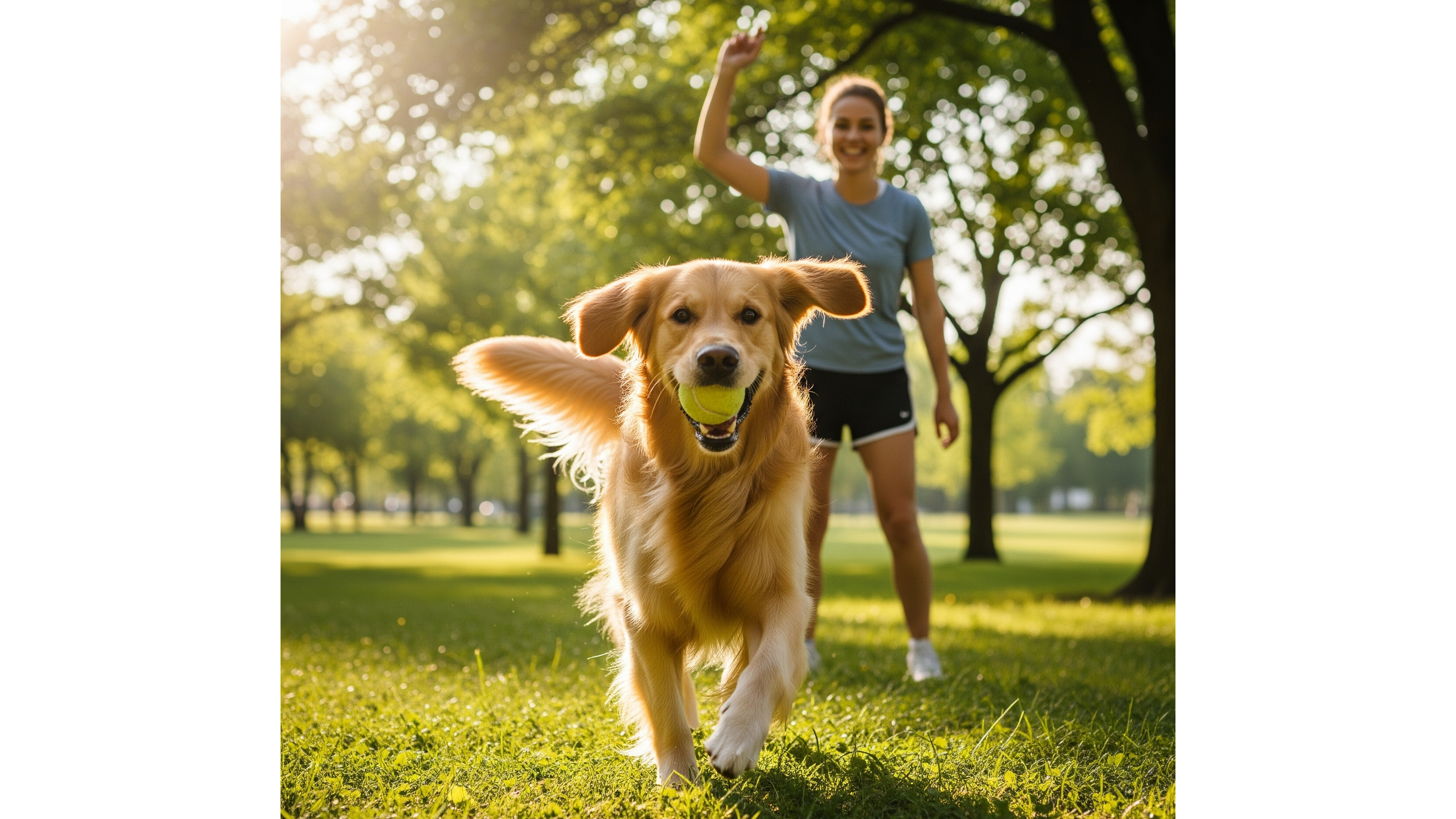 Heureux Golden Retriever jouant à la balle avec son maître dans un parc ensoleillé.