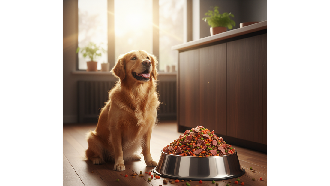 Heureux chien Golden Retriever à côté de sa gamelle remplie de croquettes.