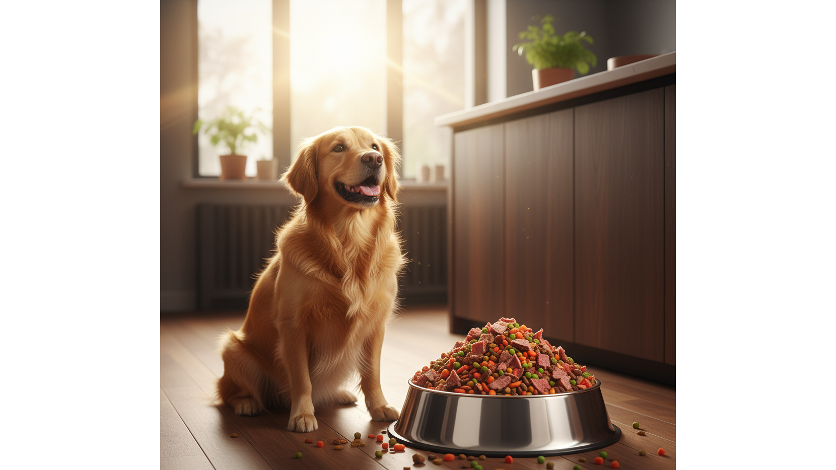 Heureux chien Golden Retriever à côté de sa gamelle remplie de croquettes.