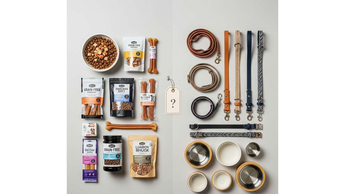 Sélection de croquettes saines et d'accessoires élégants pour chiens.