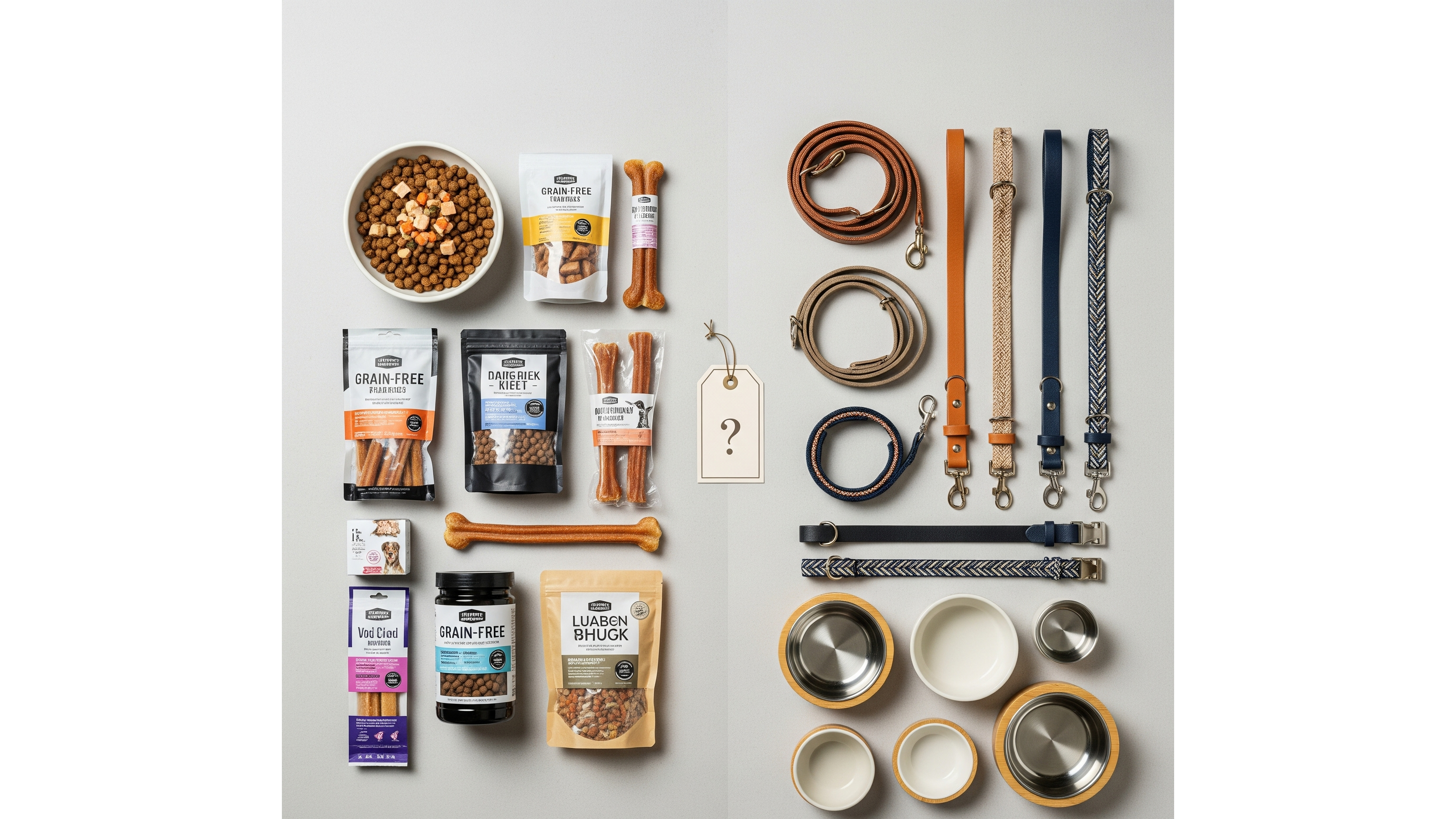 Sélection de croquettes saines et d'accessoires élégants pour chiens.