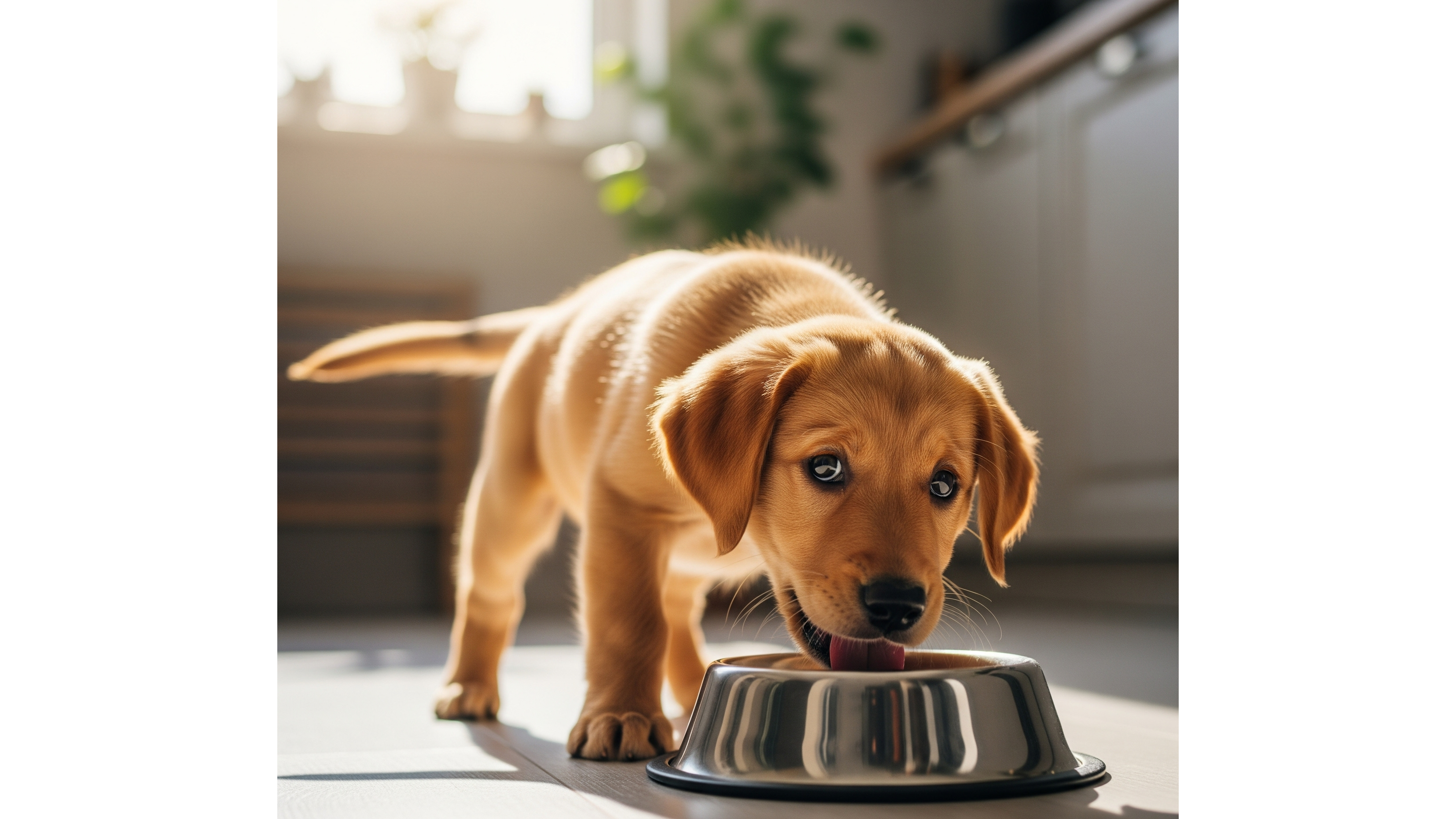 Heureux chiot mangeant dans sa gamelle sur un sol de cuisine.