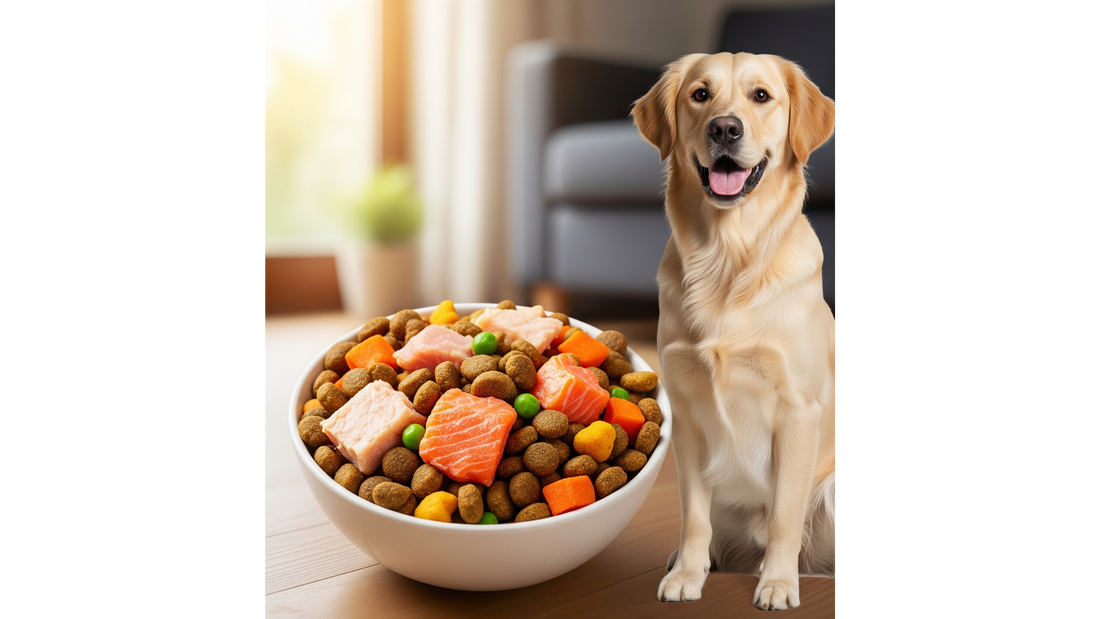 Chien Golden Retriever souriant à côté d'une gamelle de nourriture saine et riche en protéines.