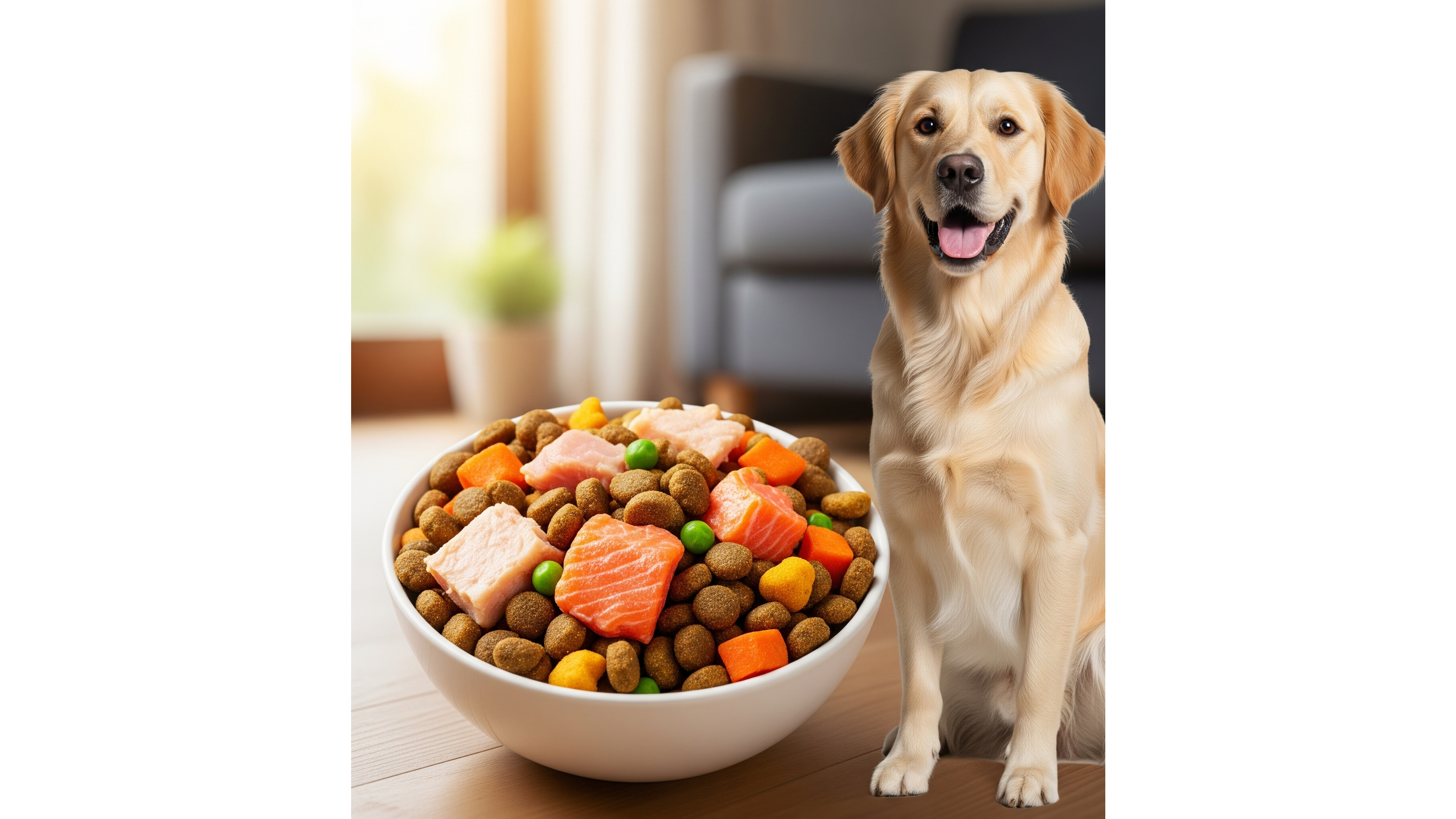Chien Golden Retriever souriant à côté d'une gamelle de nourriture saine et riche en protéines.