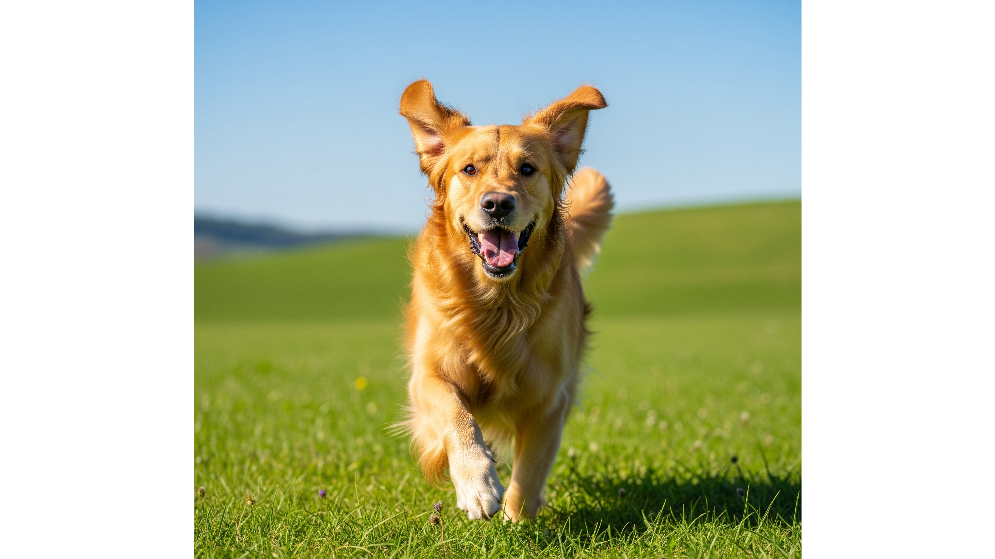 Heureux chien Golden Retriever avec un pelage sain courant dans un champ d'herbe.
