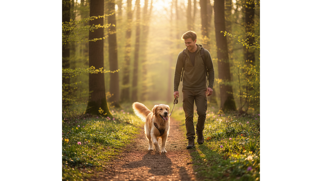 Heureux chien Golden Retriever et son maître en promenade sur un sentier en forêt.