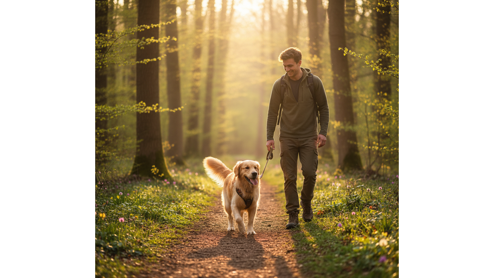 Heureux chien Golden Retriever et son maître en promenade sur un sentier en forêt.