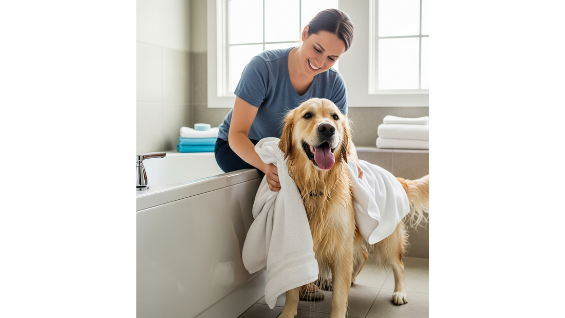 Personne séchant joyeusement un chien mouillé avec une serviette après son bain.