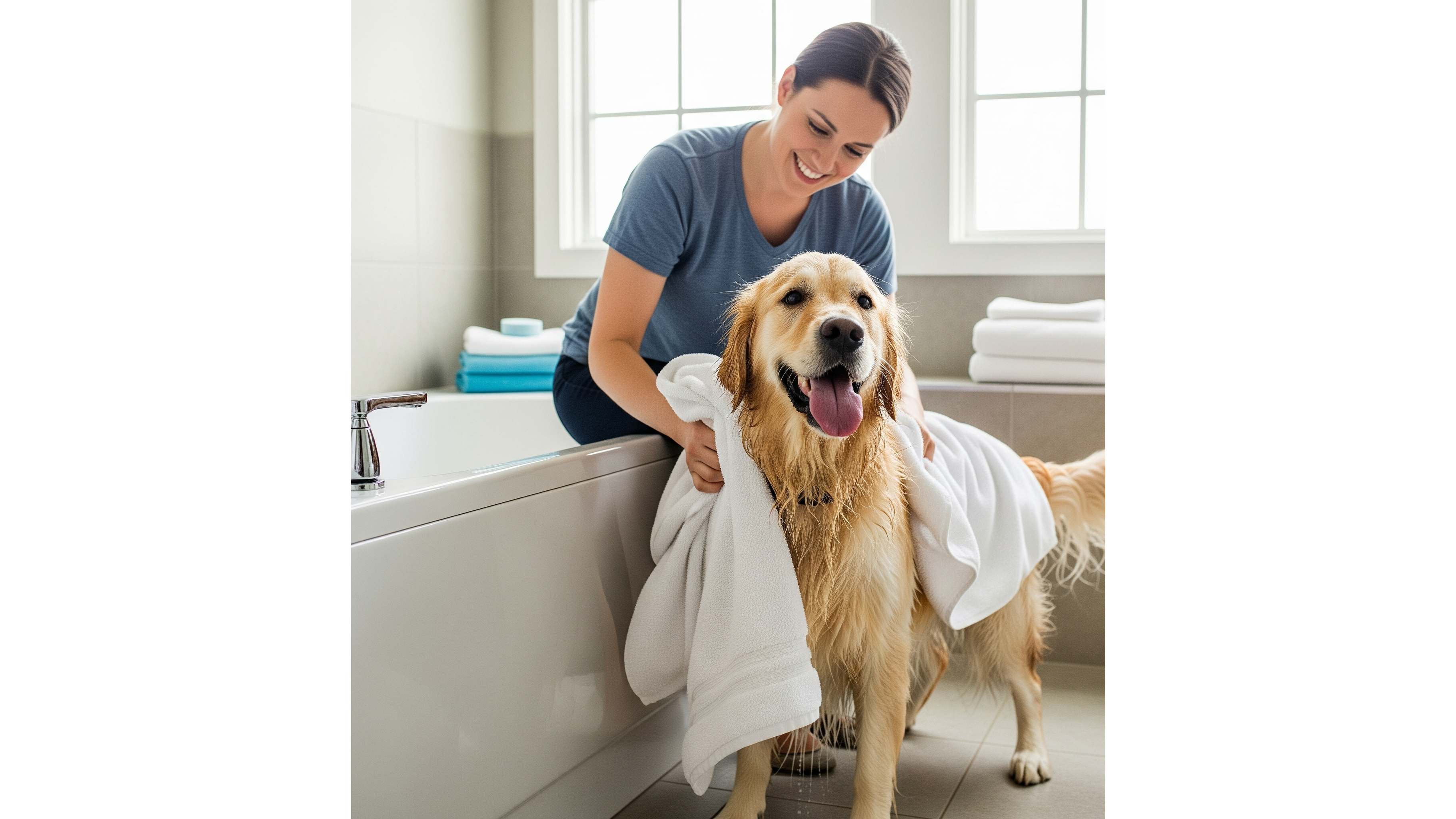 Personne séchant joyeusement un chien mouillé avec une serviette après son bain.