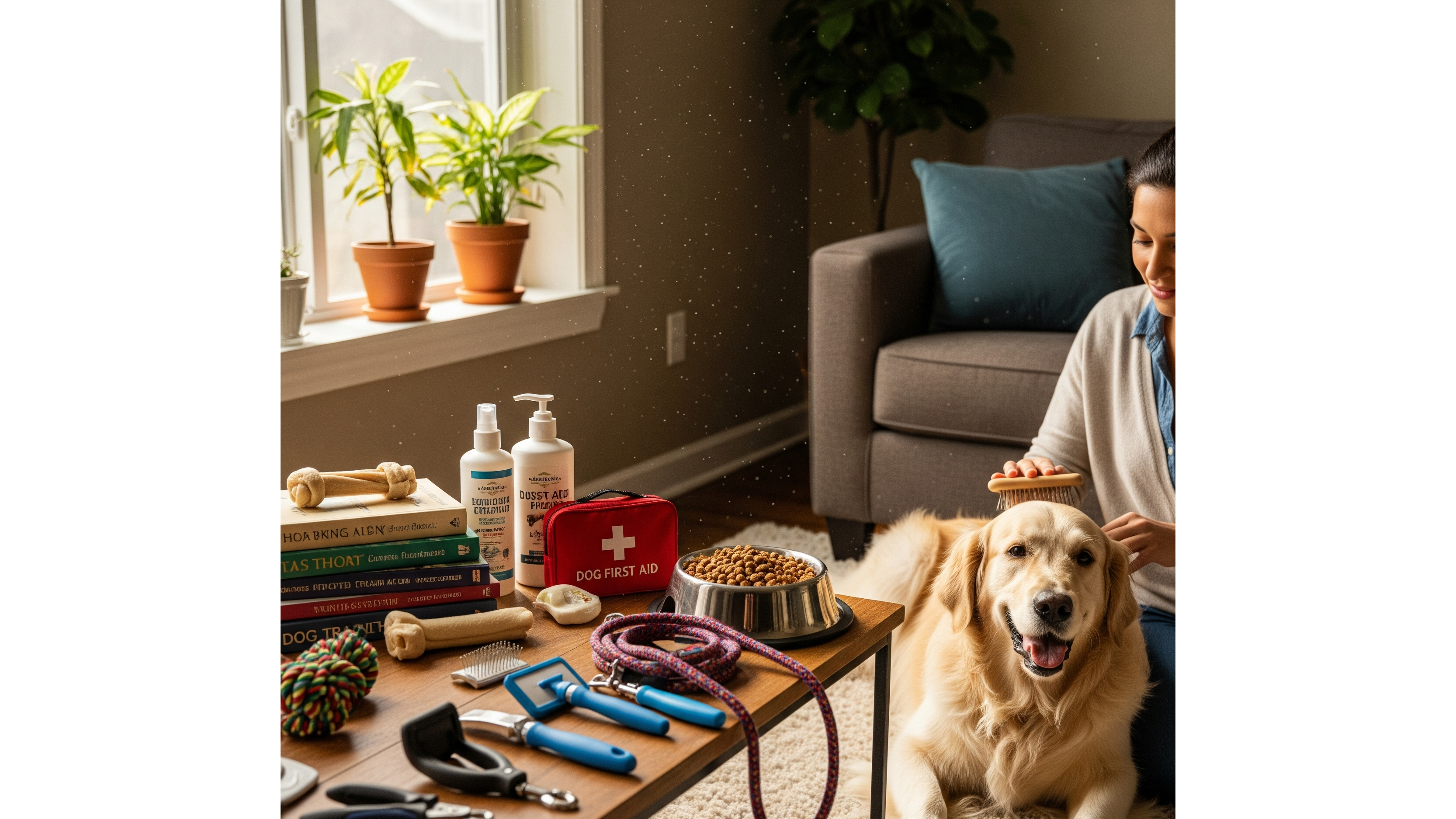 Personne prenant soin de son chien, entourée d'accessoires de soin.