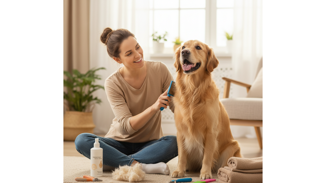 Heureux chien Golden Retriever se faisant brosser par son propriétaire à la maison.