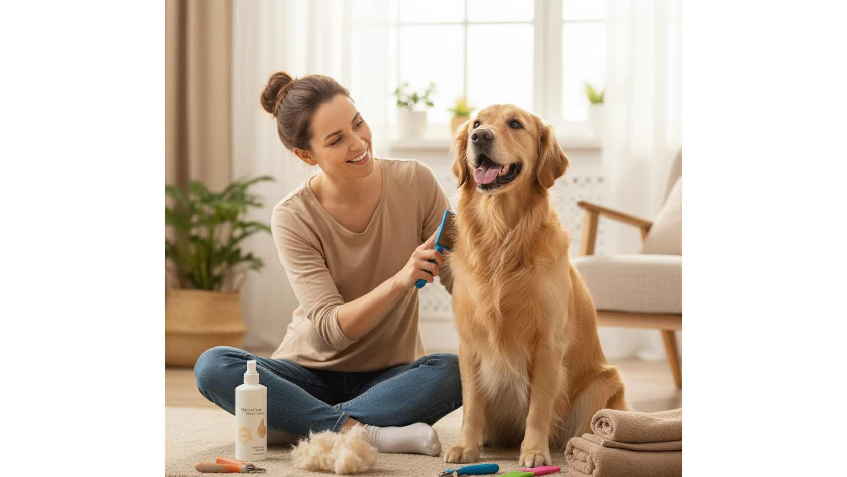 Heureux chien Golden Retriever se faisant brosser par son propriétaire à la maison.