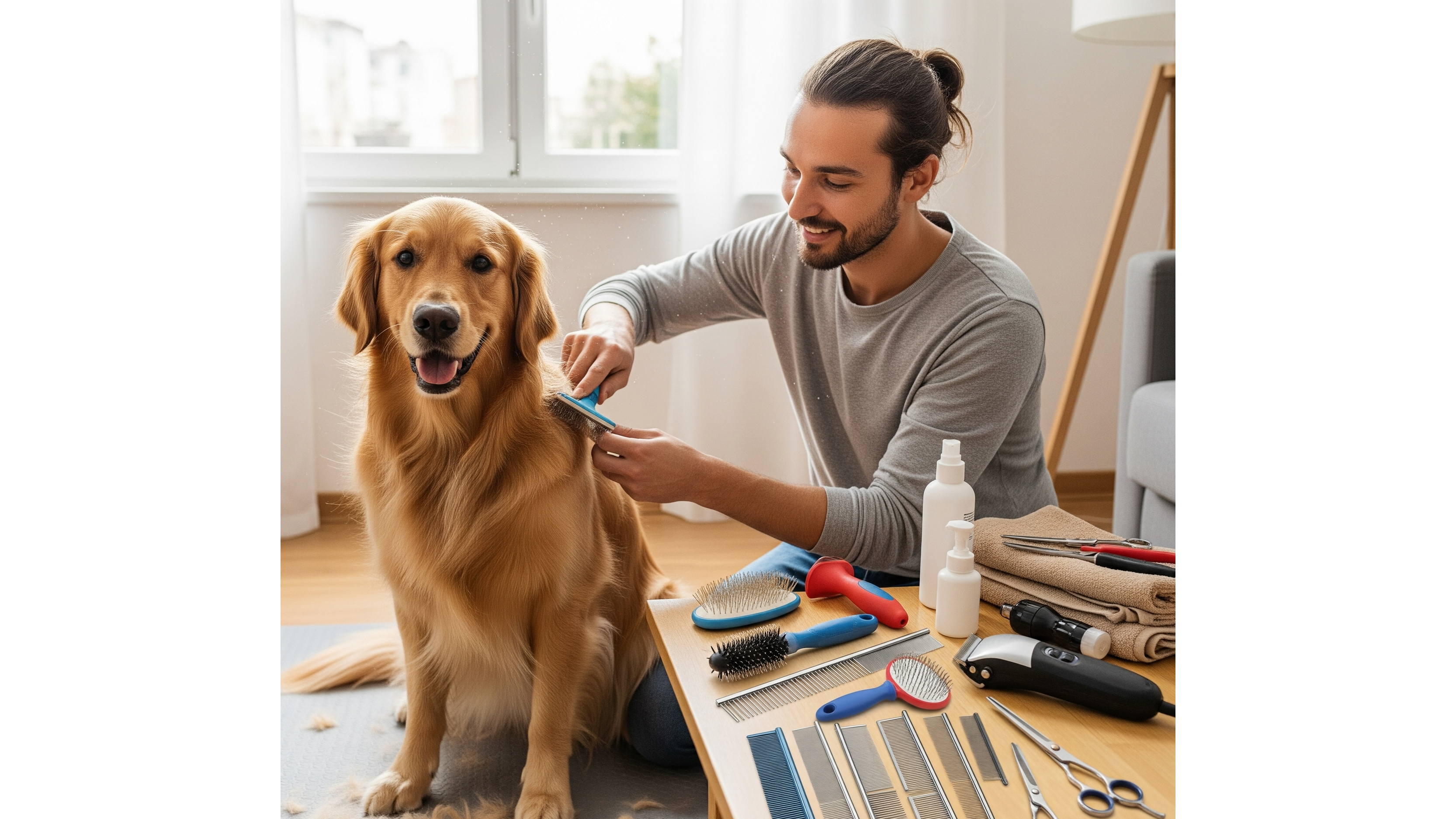 Personne utilisant des outils de toilettage pour brosser un chien dans un salon.