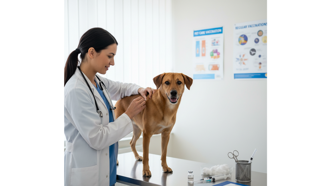 Chien joyeux se faisant examiner par un vétérinaire.
