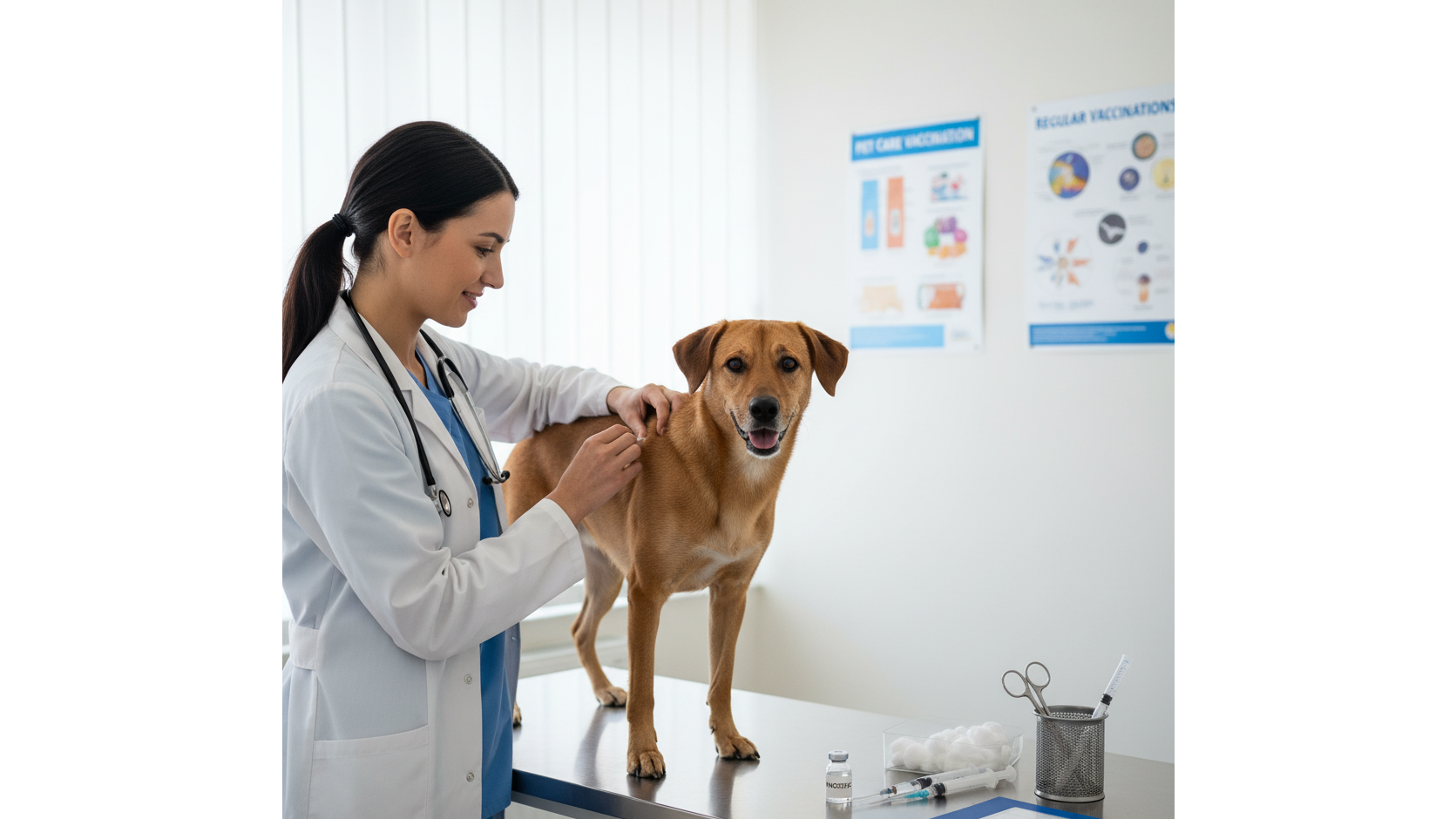Chien joyeux se faisant examiner par un vétérinaire.