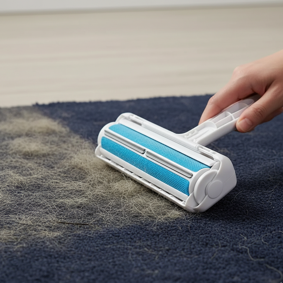 Une main utilisant un rouleau anti-poils réutilisable blanc et bleu sur un tapis sombre, montrant clairement le processus d'élimination des poils d'animaux. L'image met en valeur l'efficacité du produit en action