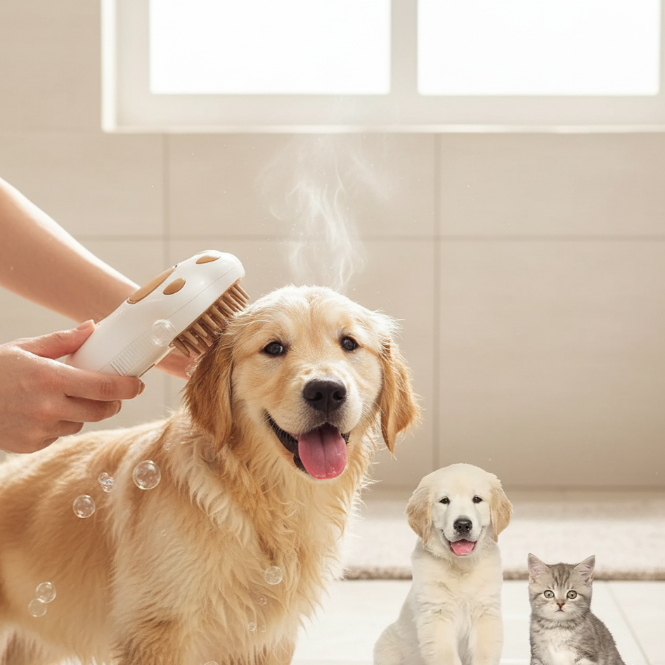 Un chiot Golden Retriever souriant en train de se faire brosser et masser avec une brosse en forme de patte, dégageant une douce brume. Un adorable chaton est assis à côté, suggérant le confort et la polyvalence de la brosse pour différents animaux de compagnie lors du bain.