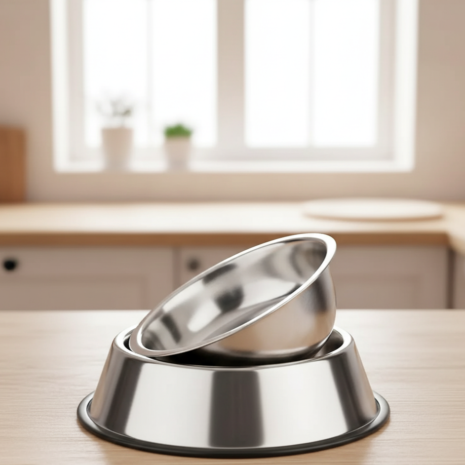 Deux gamelles pour animaux en acier inoxydable, l'une empilée sur l'autre, posées sur un comptoir de cuisine lumineux. L'image met en valeur leur design moderne et leur capacité d'empilement pour un rangement facile.