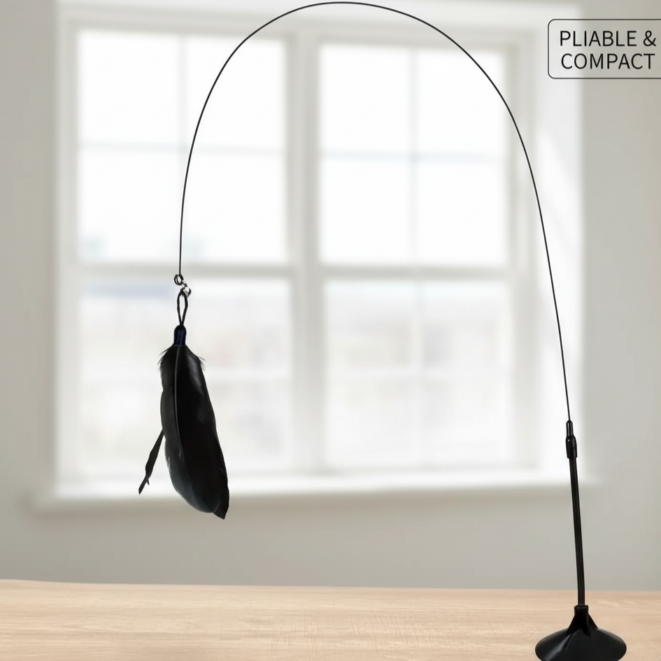 Un jouet pour chat noir élégant avec une base stable et une canne flexible se terminant par une plume, posé sur une surface en bois claire devant une fenêtre lumineuse, illustrant un design moderne et la fonction pliable et compacte.