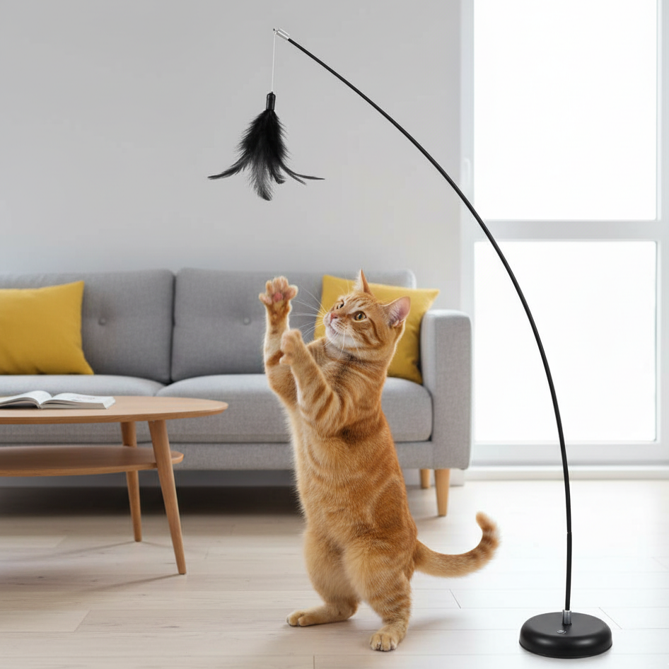 Un chaton roux joueur bondissant pour attraper un jouet à plume noir suspendu à une canne flexible, dans un salon moderne, soulignant le plaisir et l'interactivité. L'image met en avant la flexibilité et la compacité du produit.