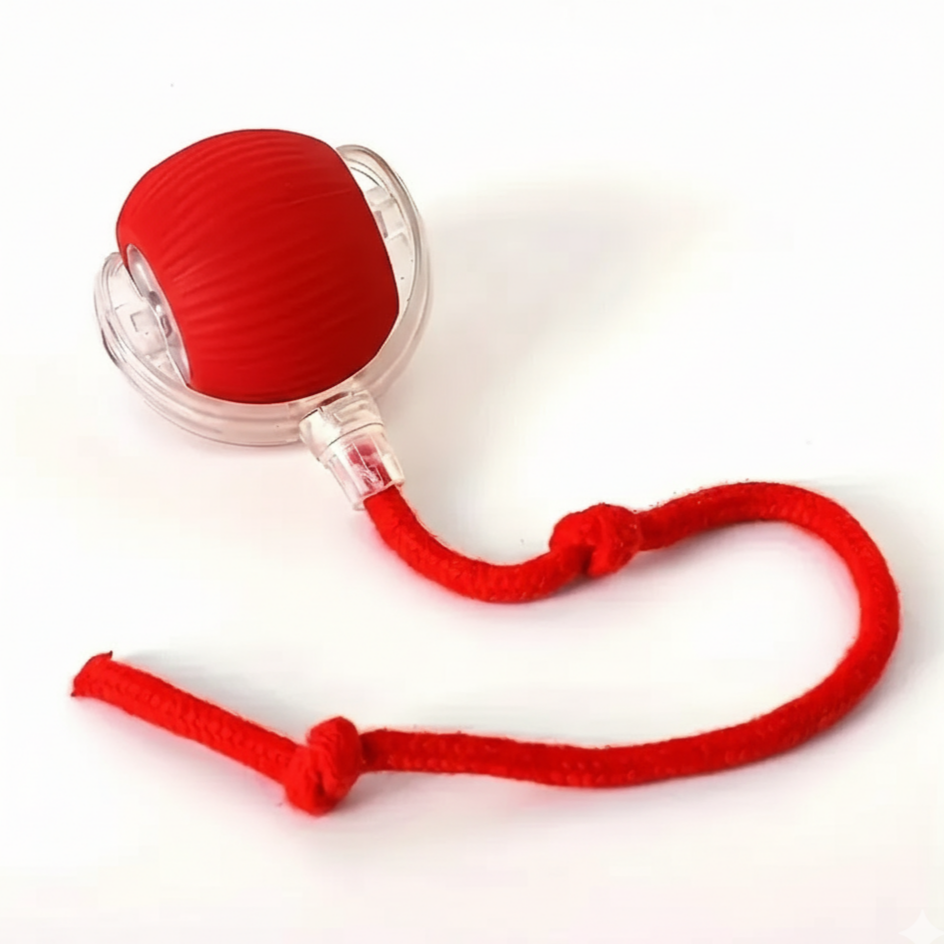 Un jouet pour animaux de compagnie rouge, composé d'un rouleau texturé transparent avec une longue ficelle rouge nouée, posé sur un fond blanc.