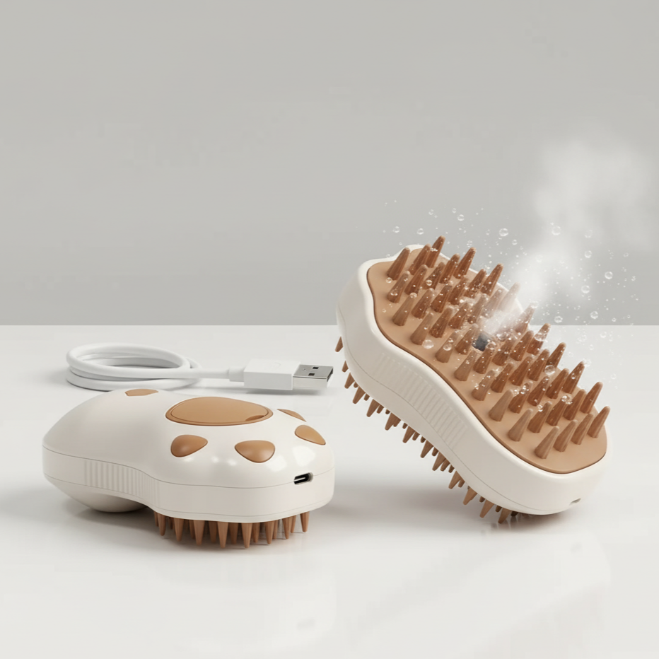 Brosse vapeur électrique 3-en-1 modèle patte de chat pour chiens et chats, avec pulvérisation, massage, nettoyage et batterie 400 mAh.