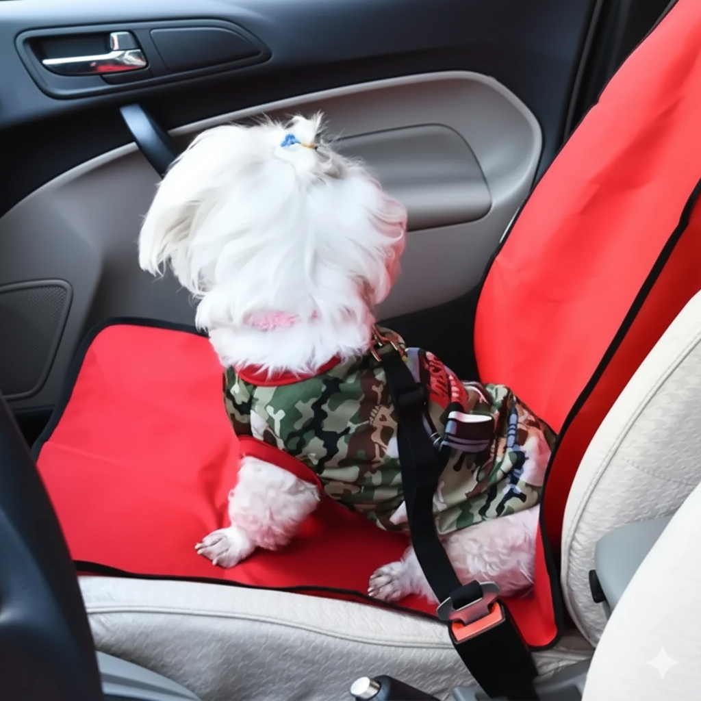  Un petit chien blanc, portant une tenue camouflage, est assis en toute sécurité sur une housse de siège rouge dans une voiture, attaché avec une ceinture de sécurité pour animaux.