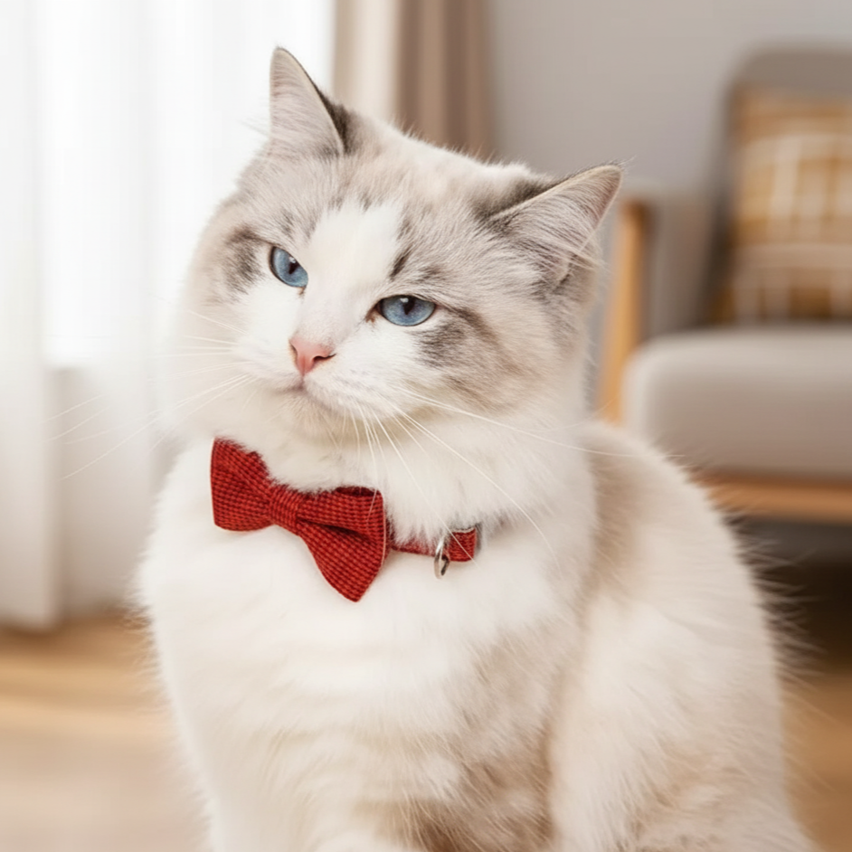 Un chat élégant porte un collier rouge à nœud papillon, affichant un style chic et sophistiqué.