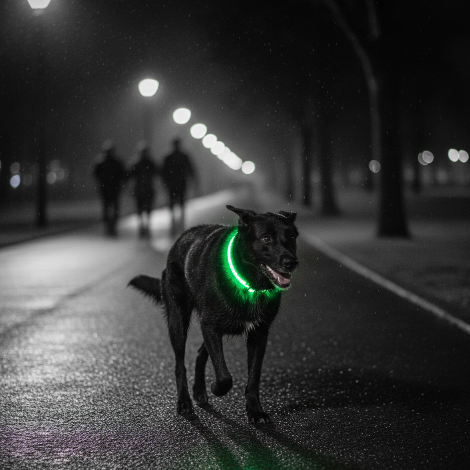 Un chien noir portant un collier lumineux vert vif, marchant sur un chemin sombre la nuit avec des silhouettes de personnes floues en arrière-plan, mettant en évidence la visibilité du collier.