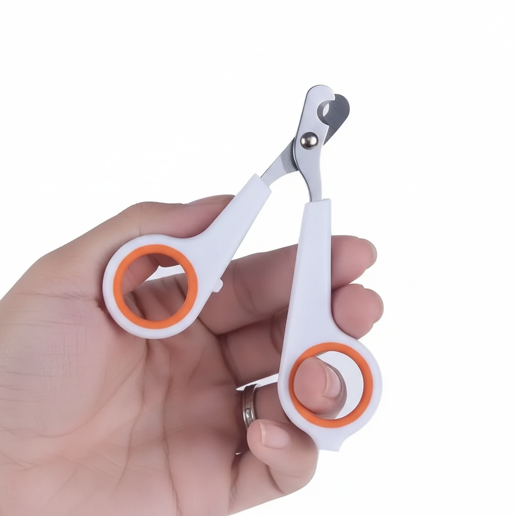 Un coupe-griffes professionnel blanc et orange, tenu en main, sur fond clair.