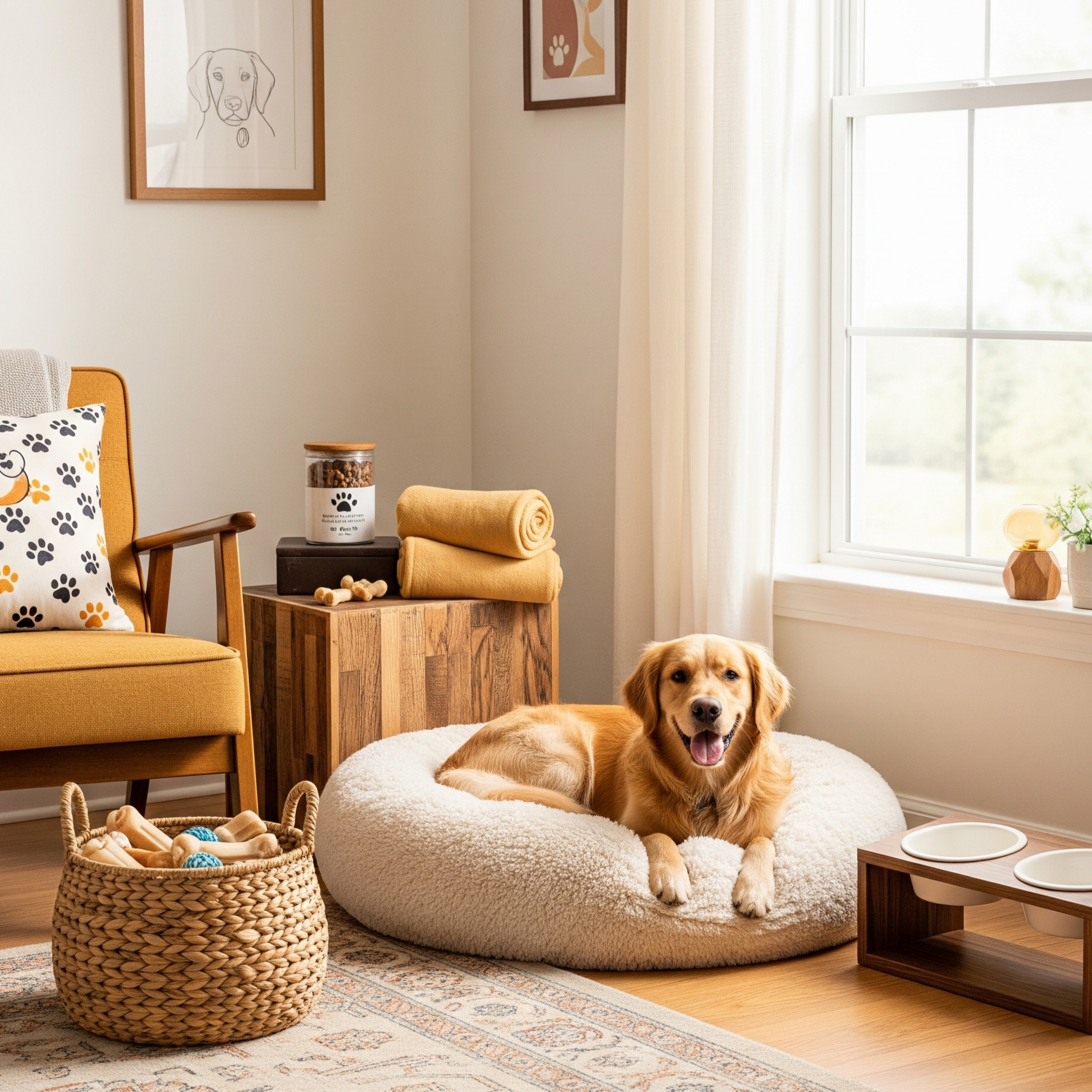 Un Golden Retriever se repose sur un lit douillet dans un intérieur de maison élégant, entouré d'accessoires pour animaux.