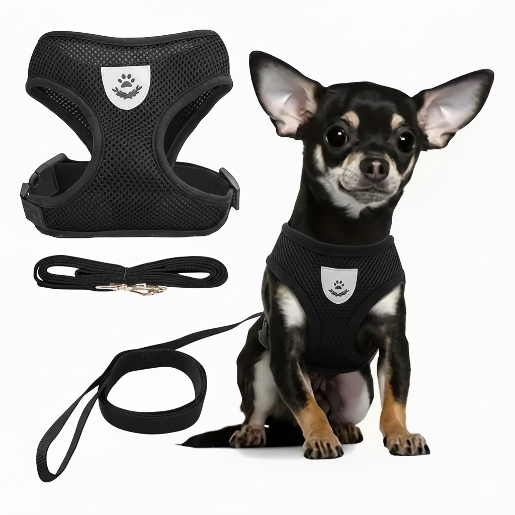 Chien avec harnais réfléchissant noir pour chien et chat avec laisse assortie, ajustable et confortable en maille douce.