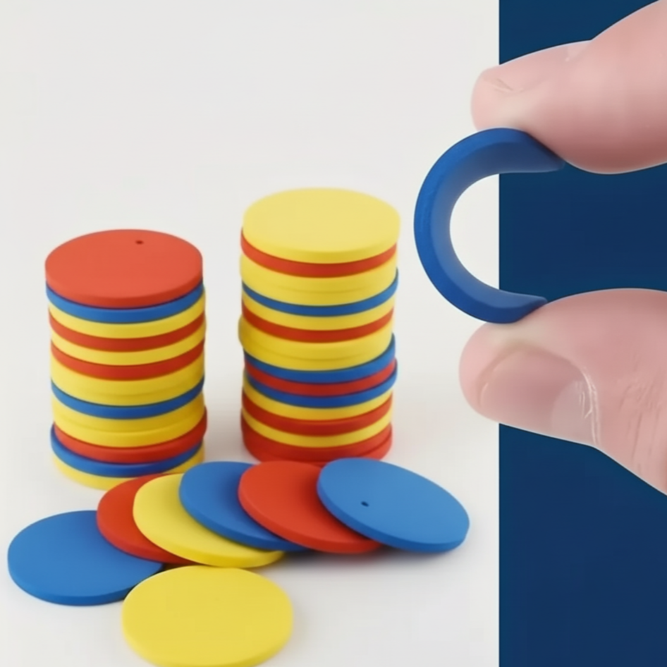 Gros plan sur des piles de disques de jeu rouges, jaunes et bleus, avec un disque bleu en cours de pliage par une main, mettant en évidence la texture souple et les couleurs primaires.