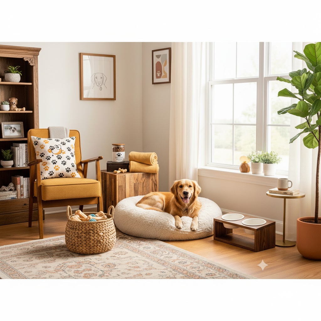 Un Golden Retriever se repose sur un lit douillet dans un intérieur de maison élégant, entouré d'accessoires pour animaux.