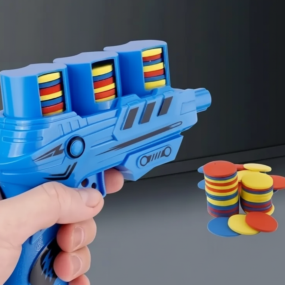 Jouet lanceur interactif pour chat en plastique durable, rouge avec disques colorés, sans piles, stimule l’activité physique et mentale.