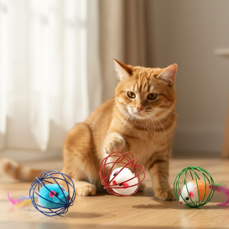 Trois jouets pour chats, des souris en peluche enfermées dans des cages métalliques colorées (rouge, bleu, vert), en action pendant qu'un chat joue avec.