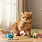 Trois jouets pour chats, des souris en peluche enfermées dans des cages métalliques colorées (rouge, bleu, vert), en action pendant qu'un chat joue avec.