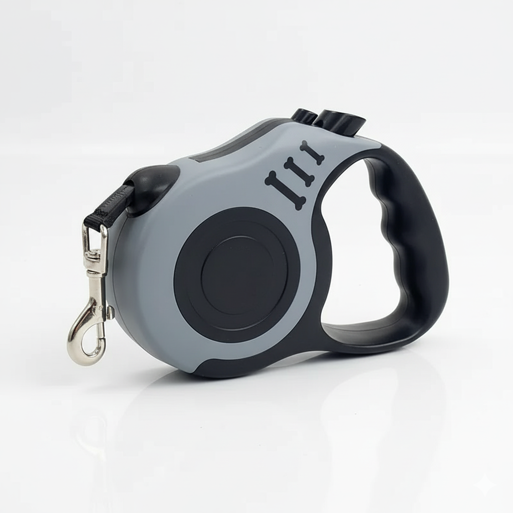 Laisse rétractable double pour chien avec corde en nylon et motif os coloré, système de contrôle facile et sécurisé pour petits et moyens chiens.