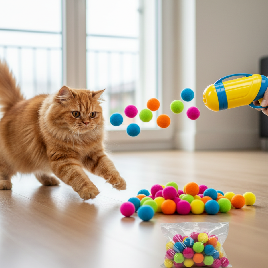 Lanceur de jouets en peluche interactif pour chats et chiens avec balles douces 3,05 cm, sans pile, stimule mentalement et favorise le jeu intérieur