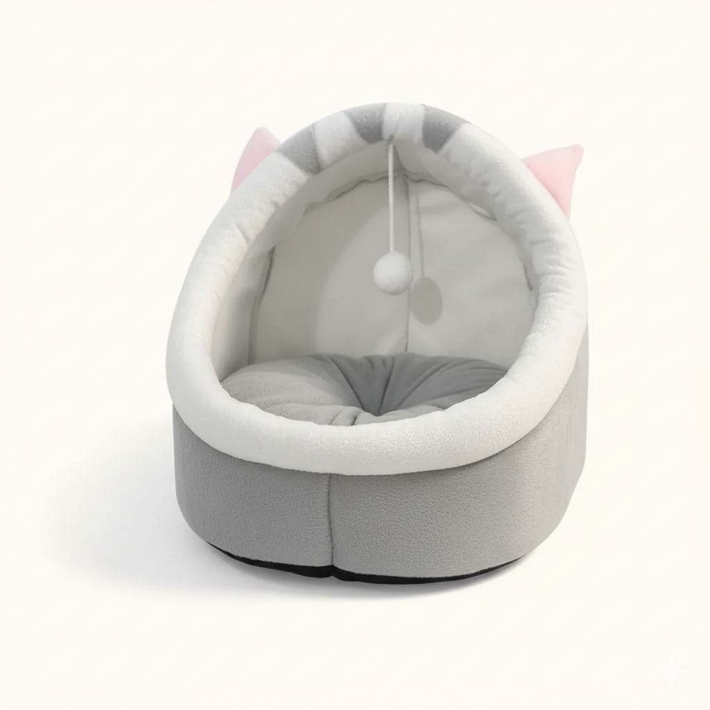 Lit pour chat en forme de dôme gris et blanc avec des rayures et une balle de jeu suspendue, présenté sur un fond uni et clair pour un aperçu propre du produit.