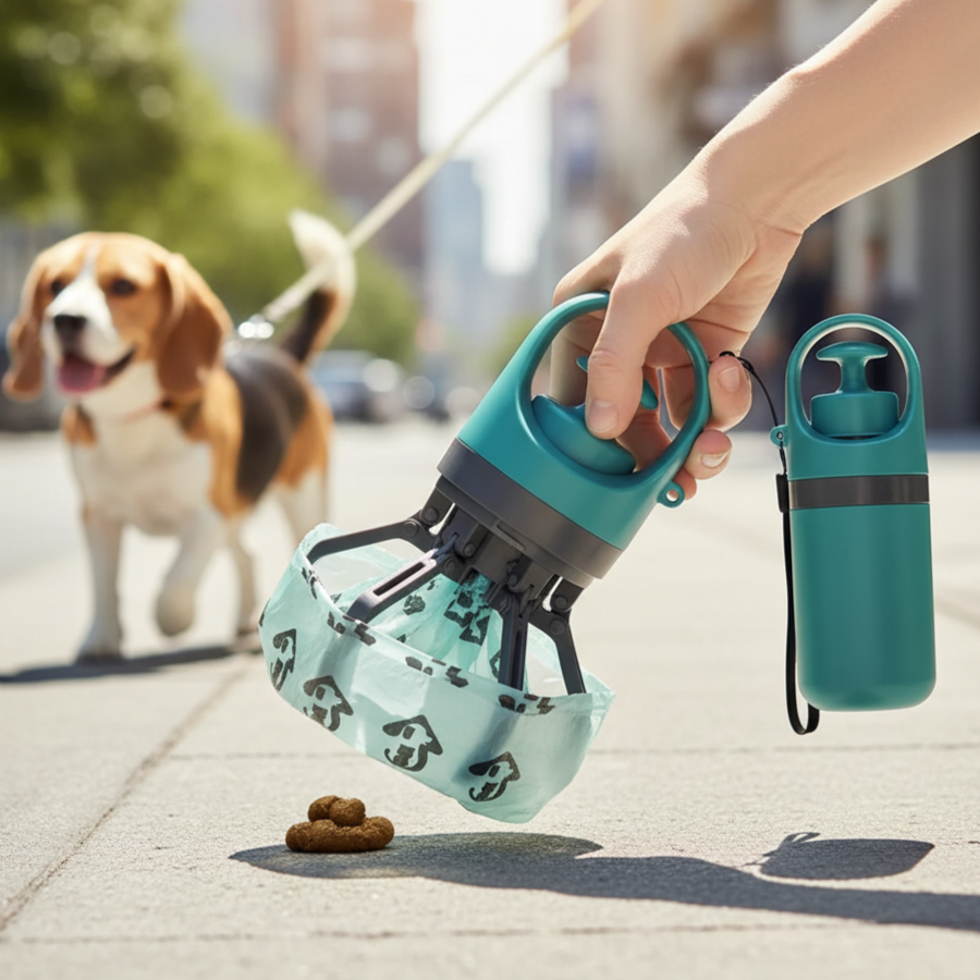 Ramasse-crottes portable pour chien avec distributeur de sacs intégré, design en griffe en plastique durable, sacs anti-fuites inclus pour promenade.
