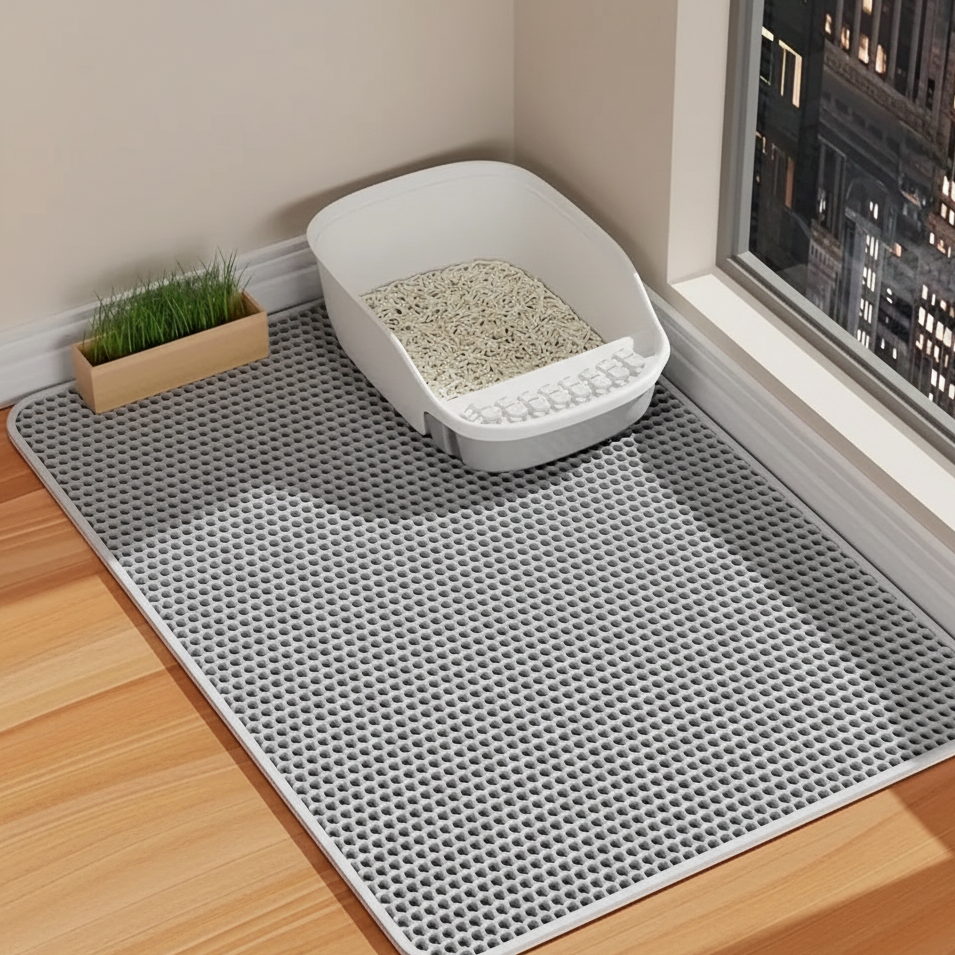 Tapis de litière pour chat en double couche nid d’abeille, antidérapant et lavable, capture efficacement les granulés autour du bac à litière.