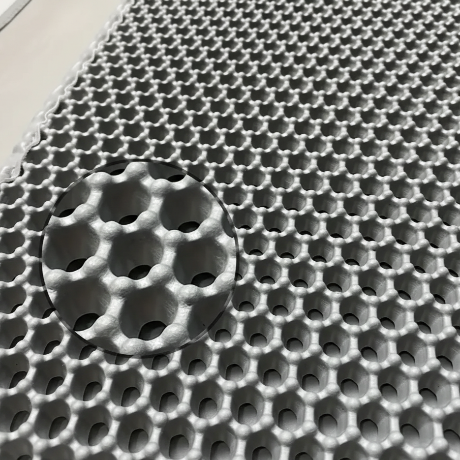 Vue rapprochée de la texture d'un tapis gris anti-dérapant, mettant en évidence le motif en nid d'abeille avec un effet de loupe qui accentue chaque cellule, idéal pour retenir les débris.
